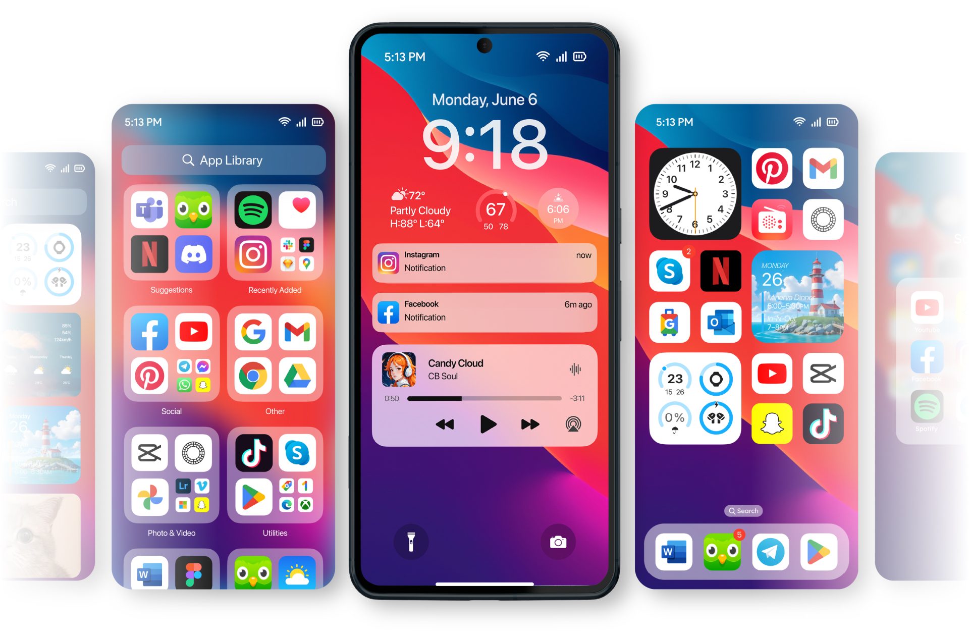 Launcher OS™ home screen, App Library and lock screen on Android phones